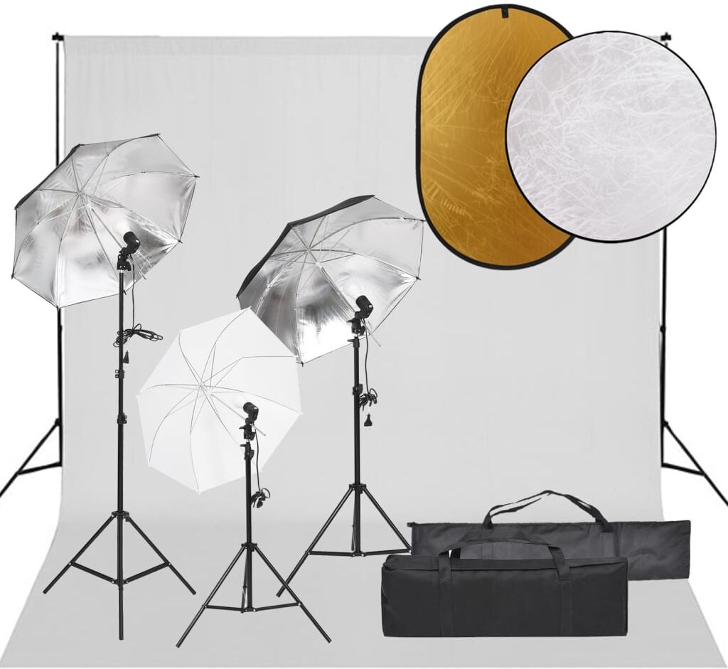 vidaXL Kit de estudio fotográfico con set de luces, fondo y reflector