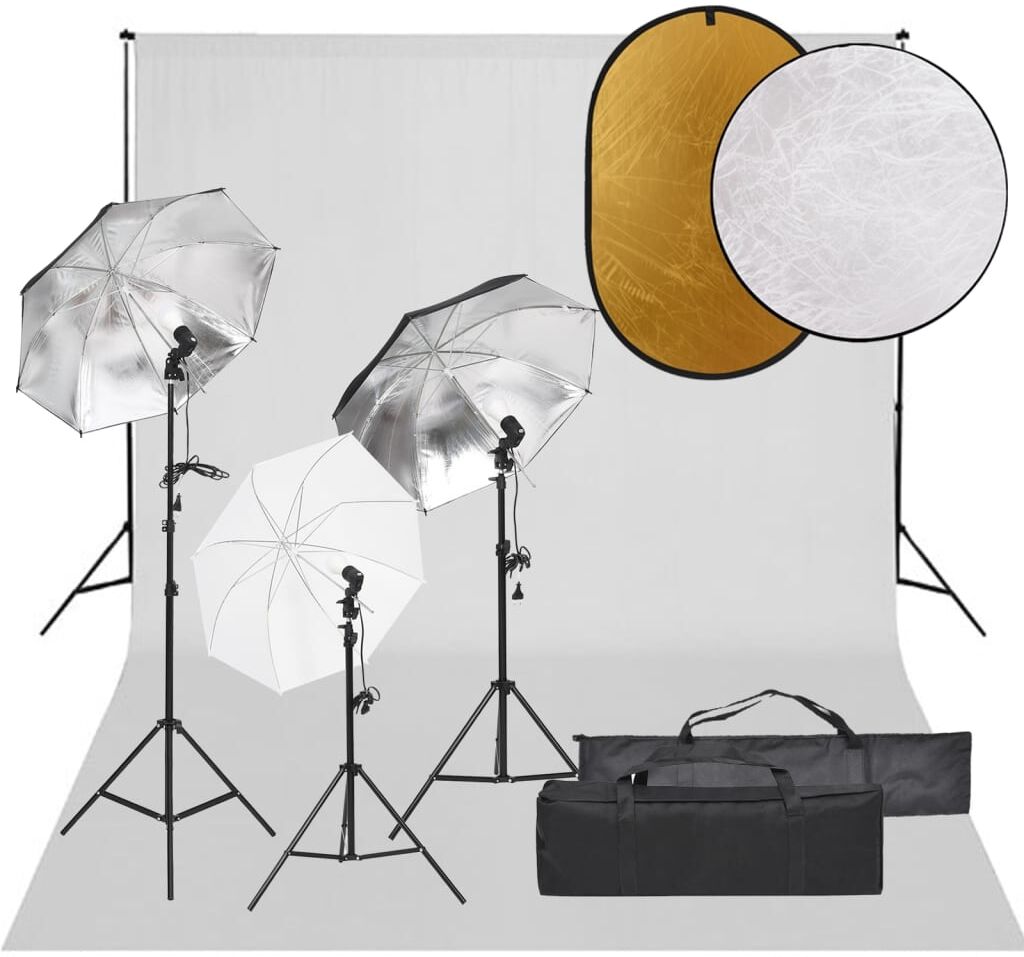 vidaXL Kit de estudio fotográfico con set de luces, fondo y reflector