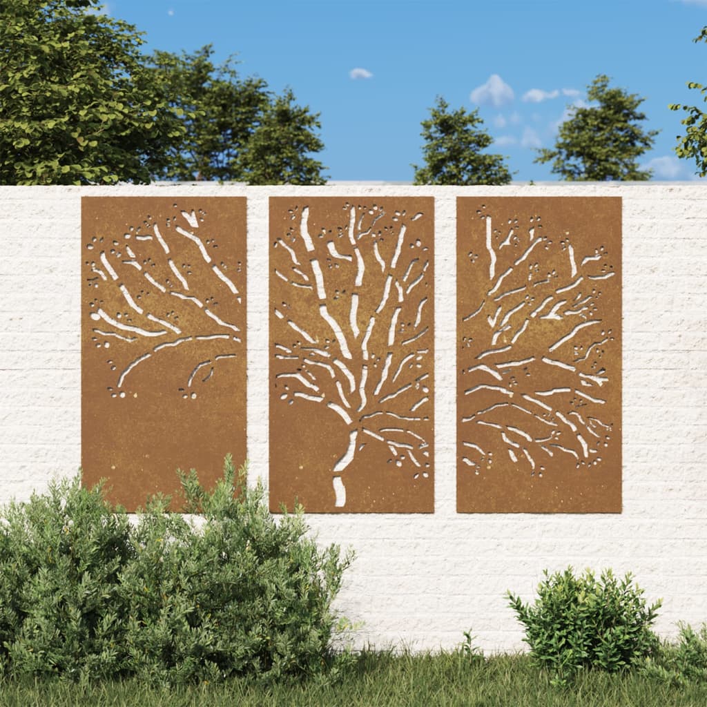vidaXL Adorno pared jardín 3 pzas acero corten diseño árbol 105x55 cm