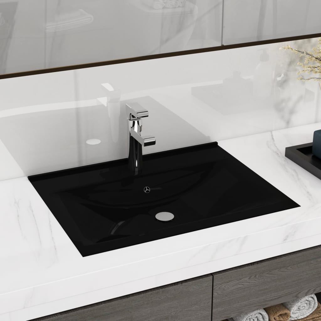 vidaXL Lavabo rectangular cerámica orificio de grifo negro 60x46 cm