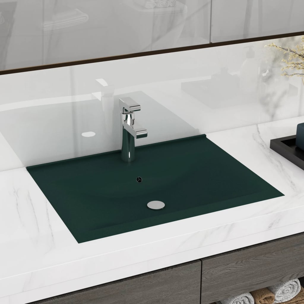 vidaXL Lavabo de lujo con grifo cerámica verde oscuro 60x46 cm