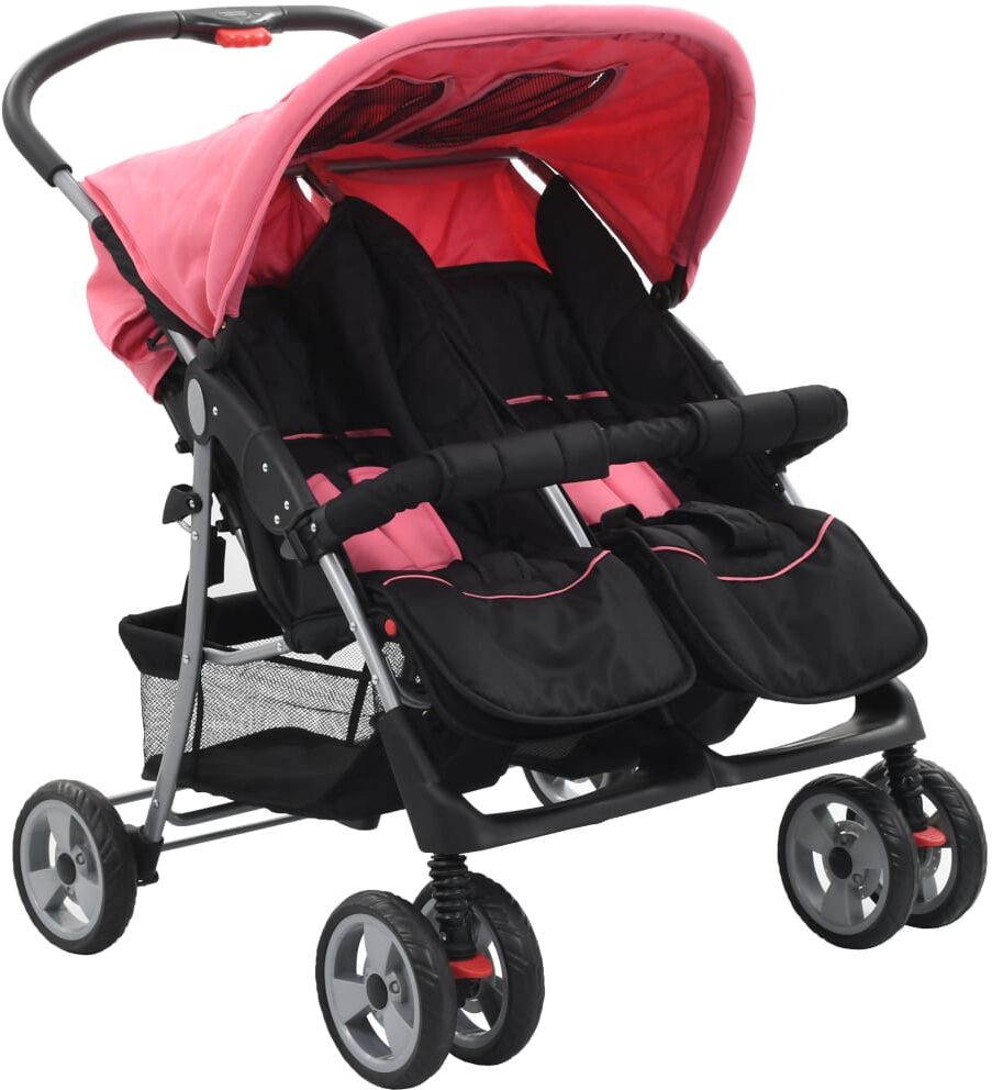 vidaXL Silla de paseo para gemelos de acero rosa y negro