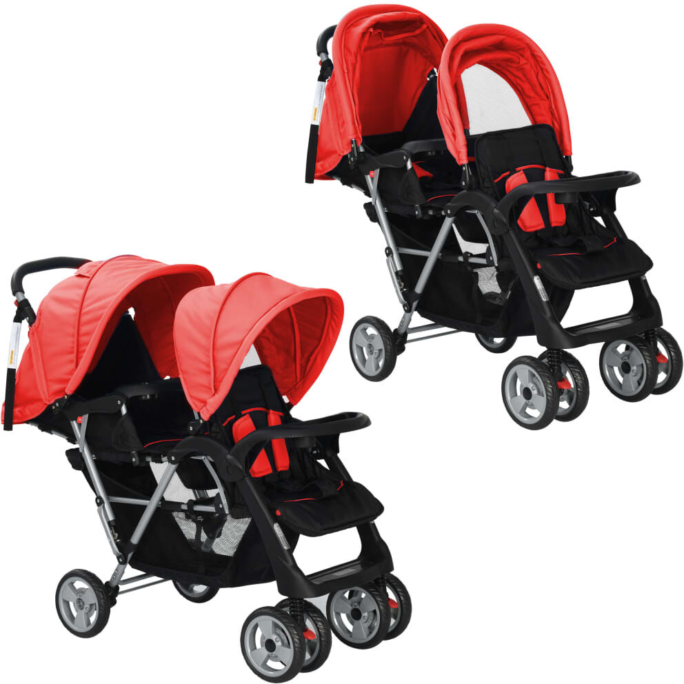 vidaXL Carrito para 2 niños tandem de acero rojo y negro