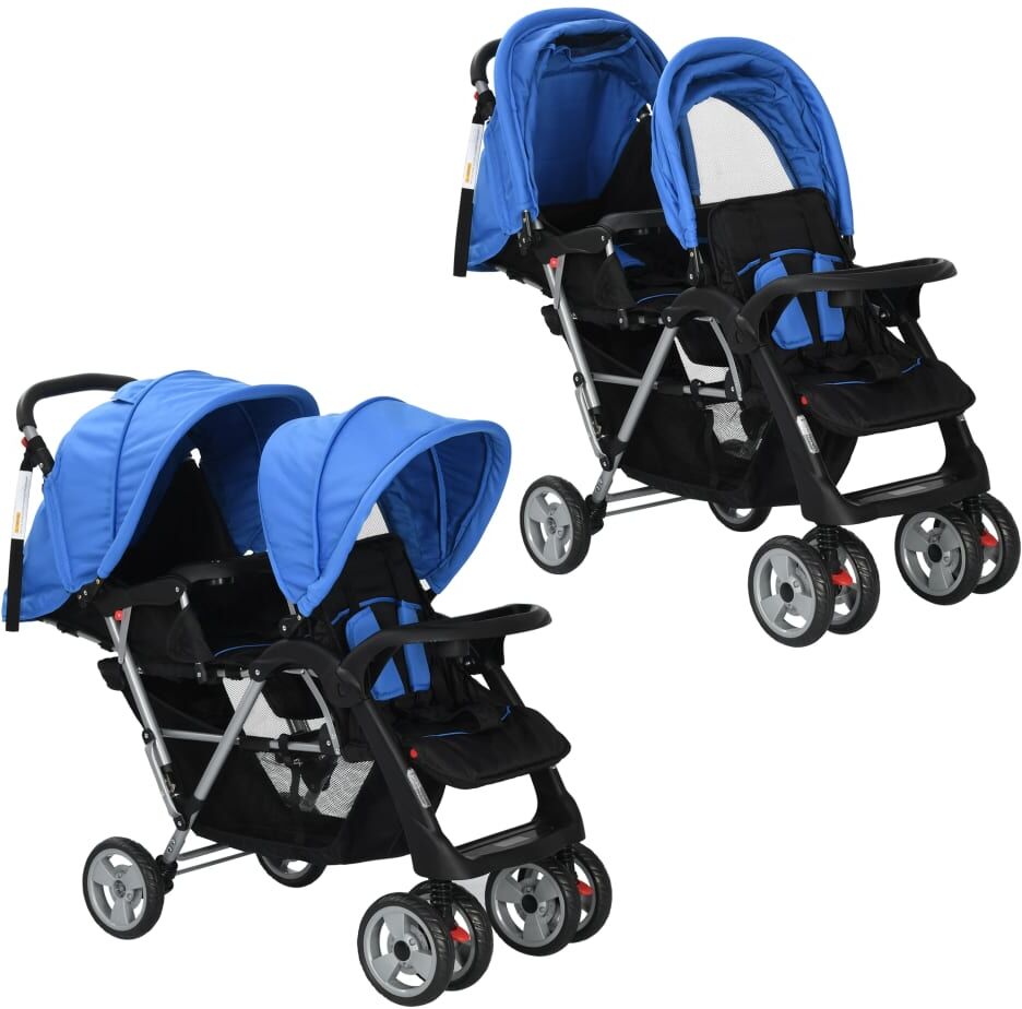 vidaXL Carrito para 2 niños tandem de acero azul y negro