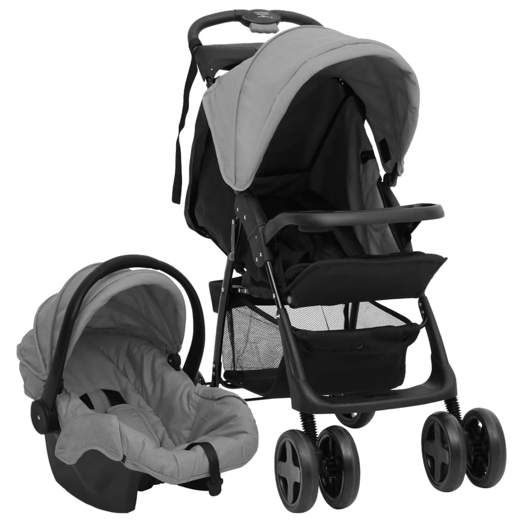 vidaXL Carrito de bebés 3 en 1 de acero gris claro y negro