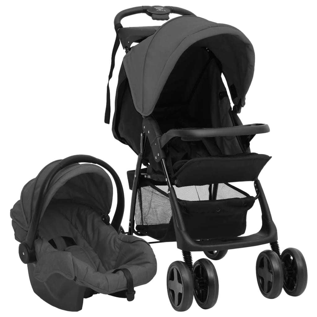 vidaXL Carrito de bebés 3 en 1 de acero gris oscuro y negro