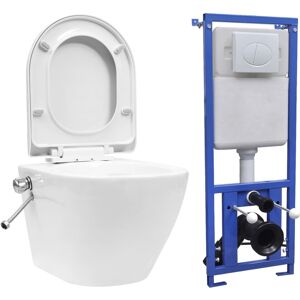 vidaXL Inodoro WC de pared sin bordes cisterna oculta cerámica blanco