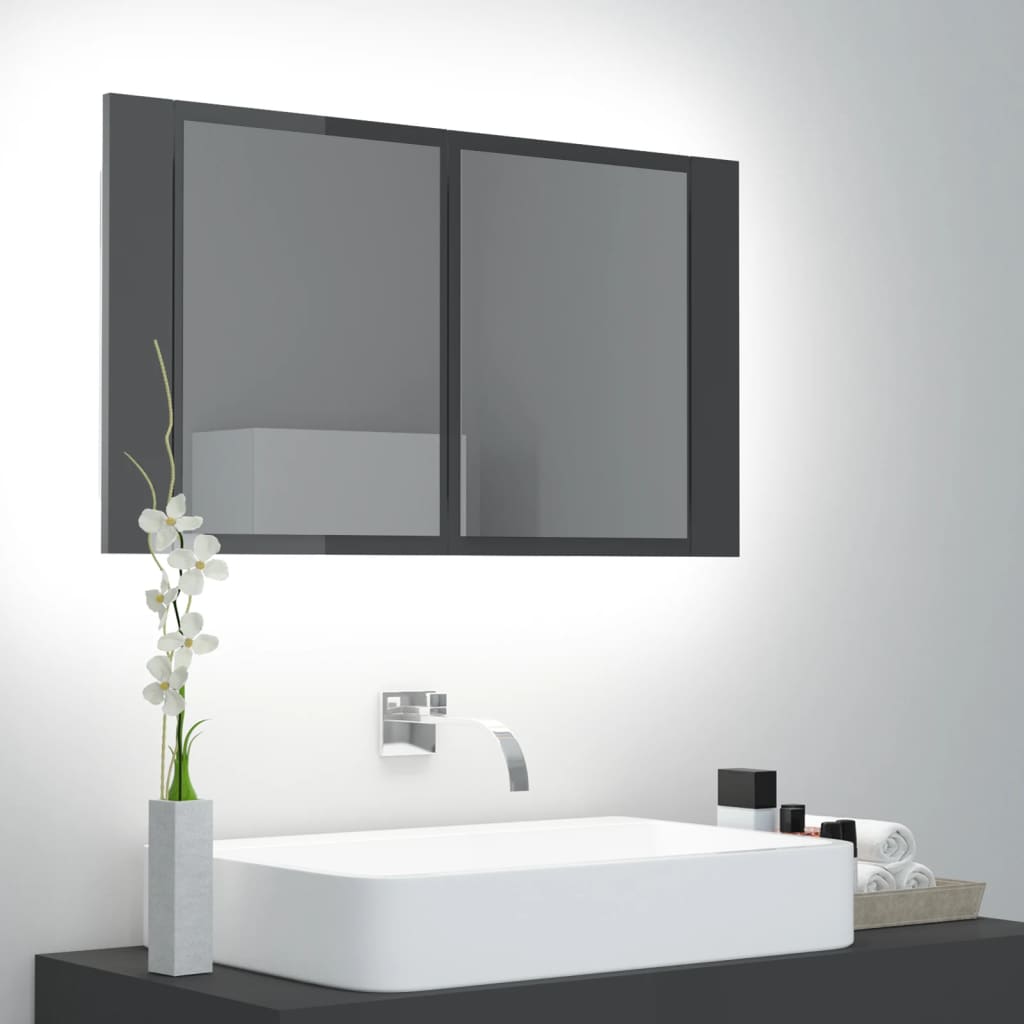 vidaXL Armario espejo de baño luz LED acrílico gris brillo 80x12x45 cm