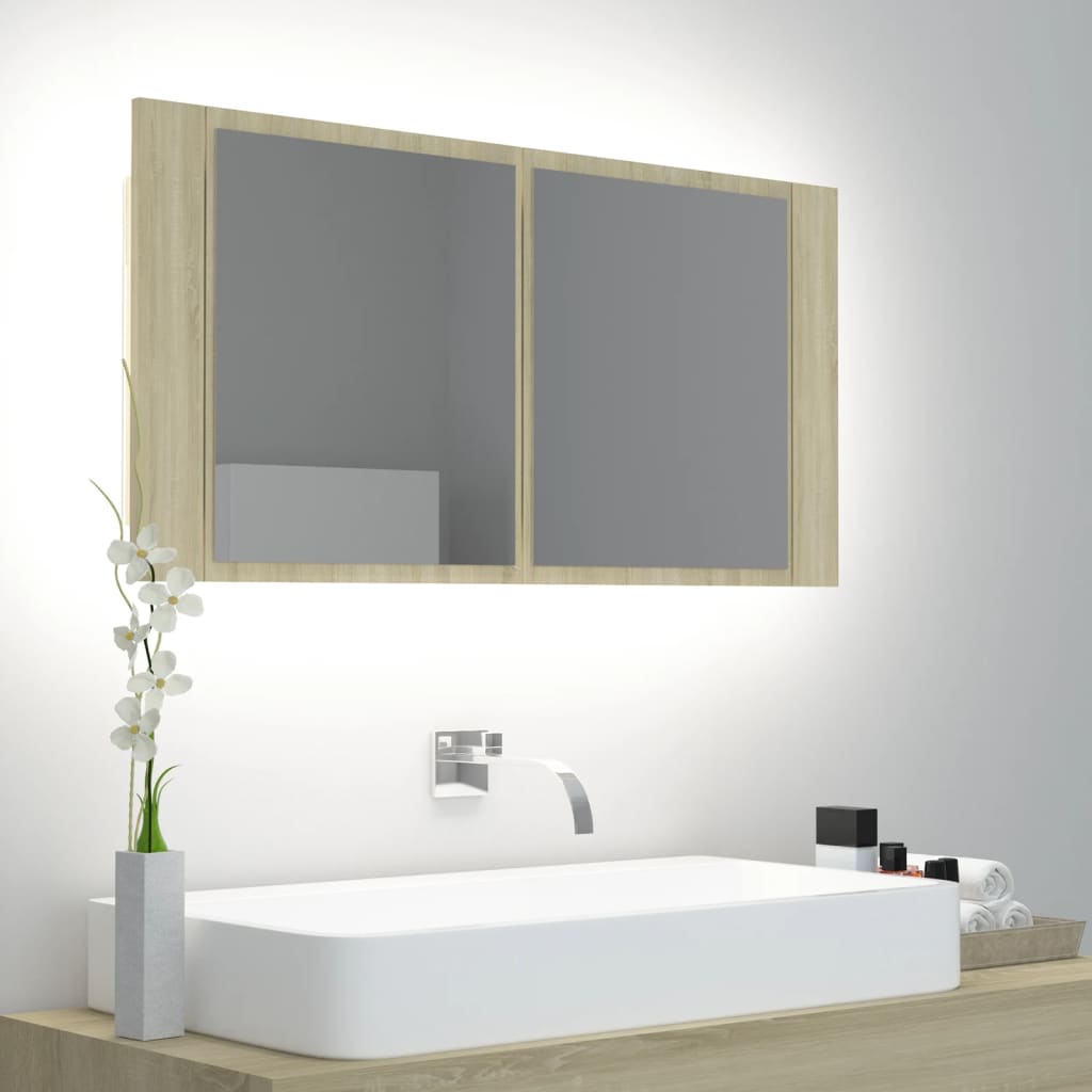 vidaXL Armario espejo de baño LED acrílico roble Sonoma 90x12x45 cm
