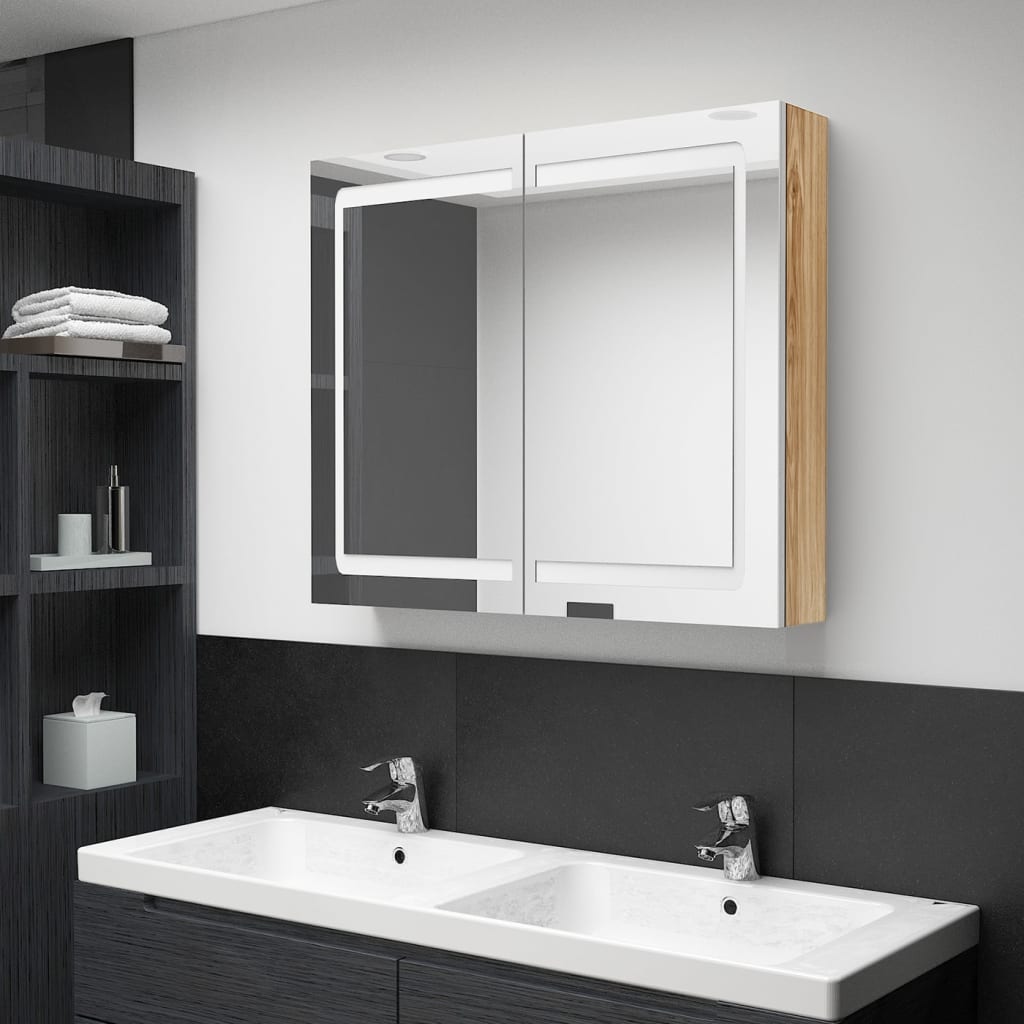 vidaXL Armario de baño con espejo LED blanco y roble 80x12x68 cm