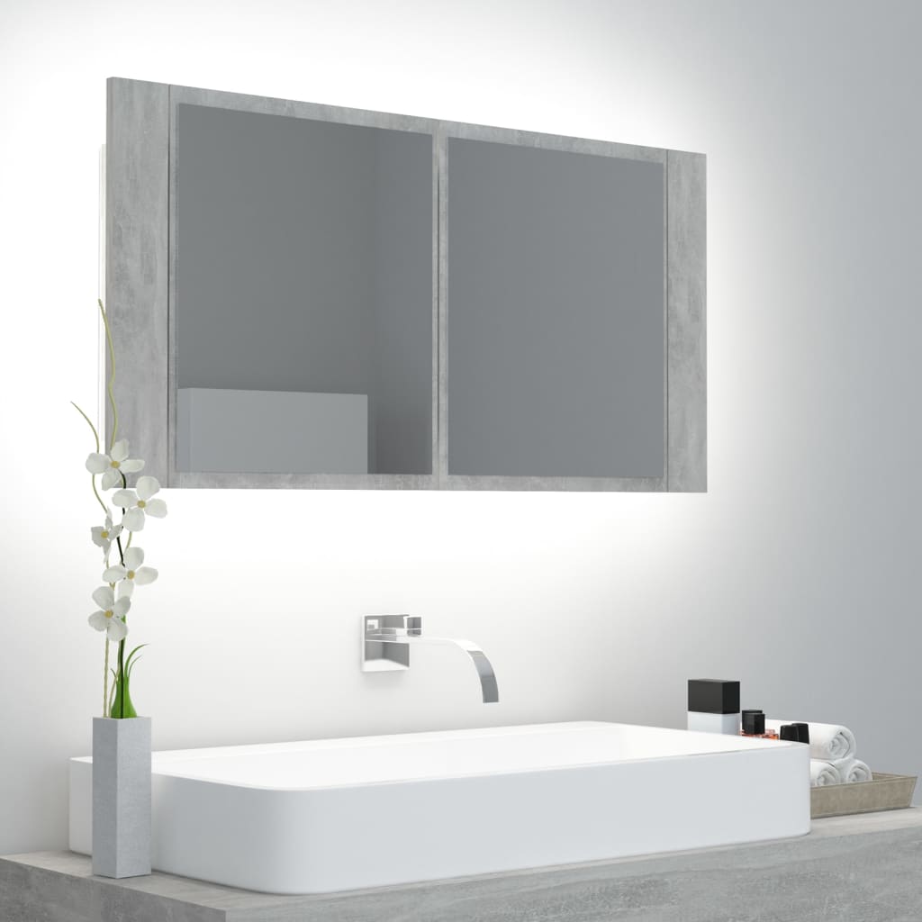 vidaXL Armario espejo baño luz LED acrílico gris hormigón 90x12x45 cm