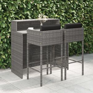 vidaXL Set de muebles bar jardín 3 pzas y cojines ratán sintético gris