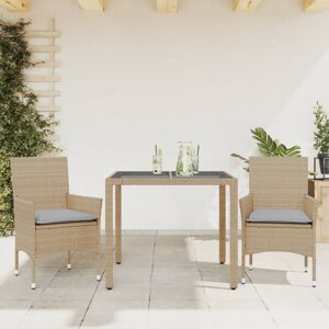 vidaXL Set comedor jardín 3 pzas cojines ratán sintético vidrio beige