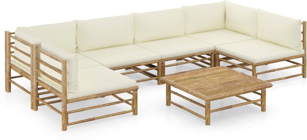 vidaXL Set de muebles de jardín 7 piezas bambú y cojines blanco crema