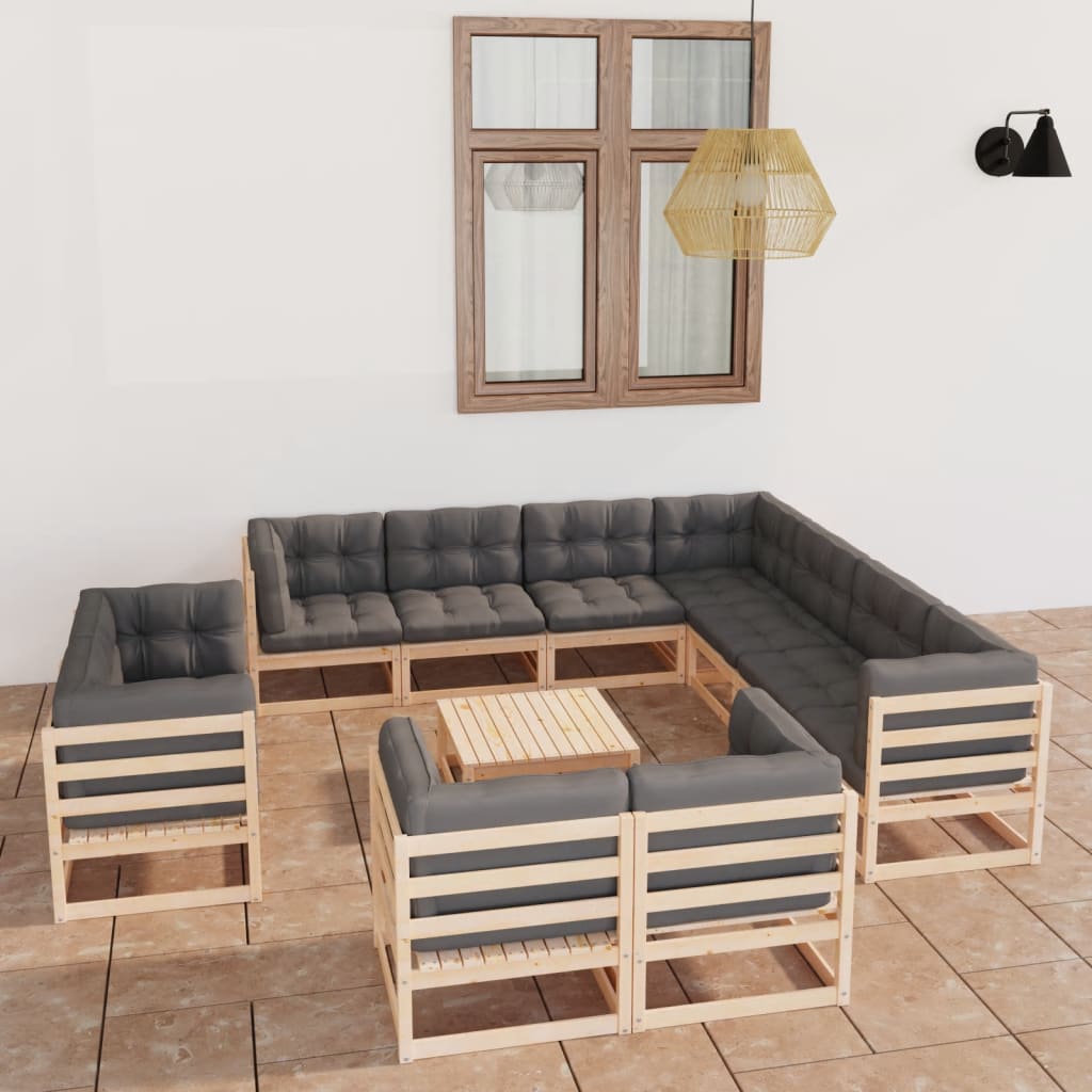 vidaXL Juego de muebles de jardín 12 pzas y cojines madera maciza pino