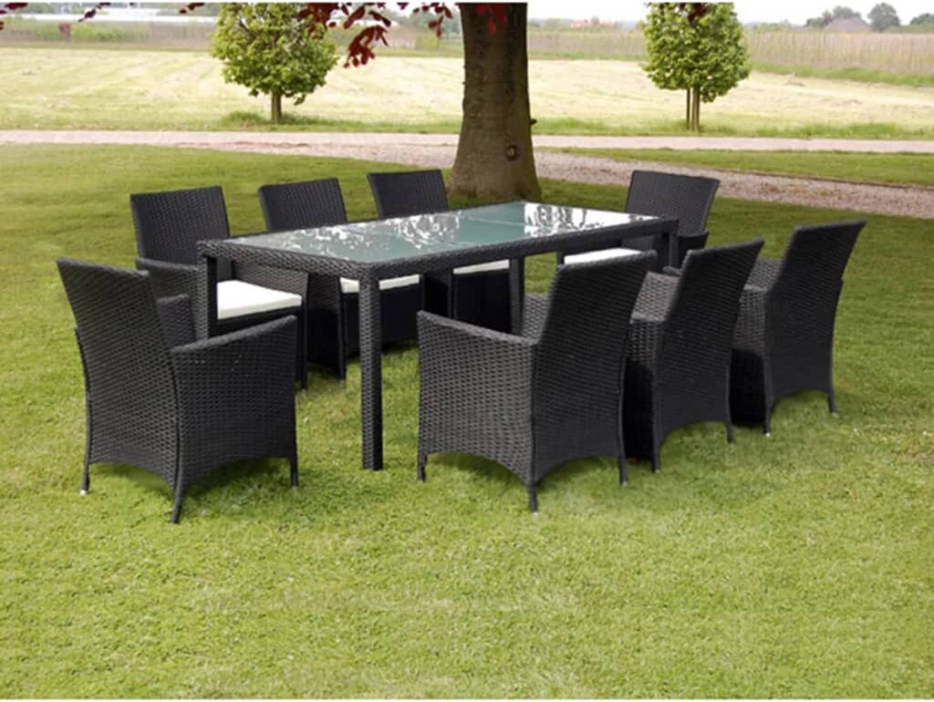 vidaXL Set comedor de jardín 9 piezas y cojines ratán sintético negro