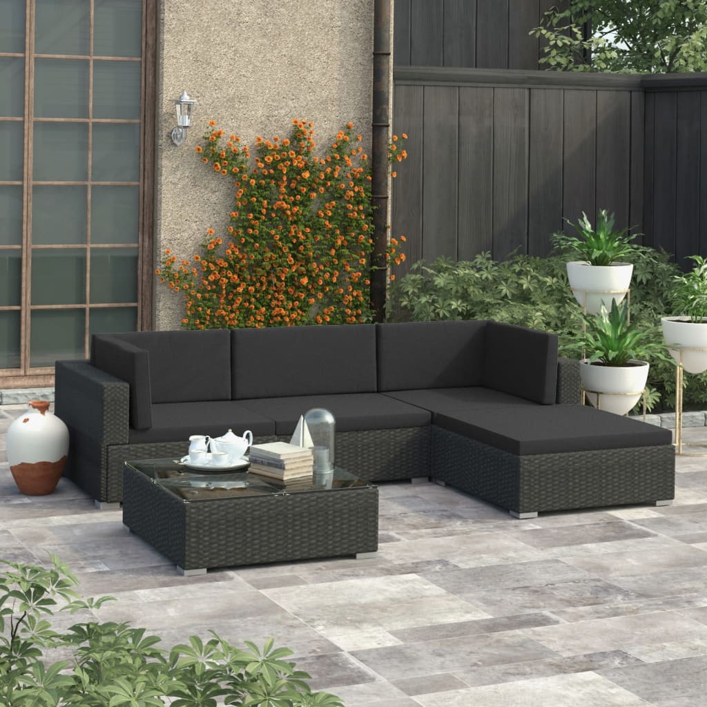 vidaXL Set de muebles de jardín 5 pzas y cojines ratán sintético negro