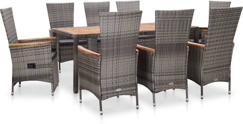 vidaXL Set de comedor de jardín 9 pzas y cojines ratán sintético gris