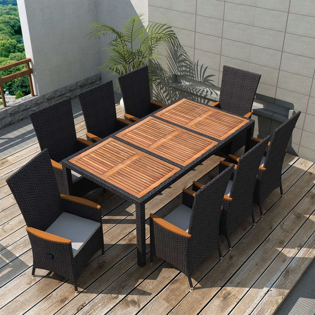 vidaXL Set comedor jardín 9 piezas ratán sintético y madera acacia negro