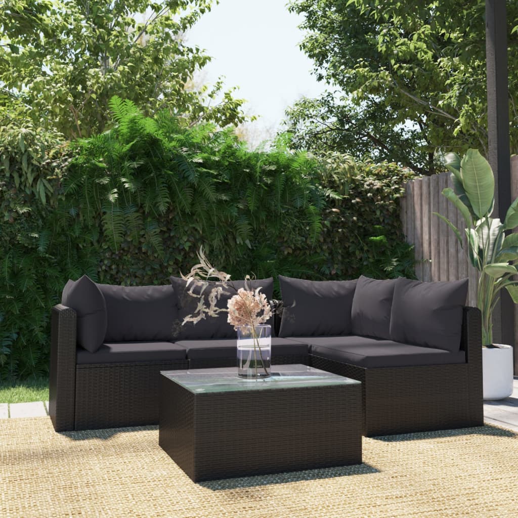 vidaXL Set muebles de jardín 5 piezas y cojines ratán sintético negro