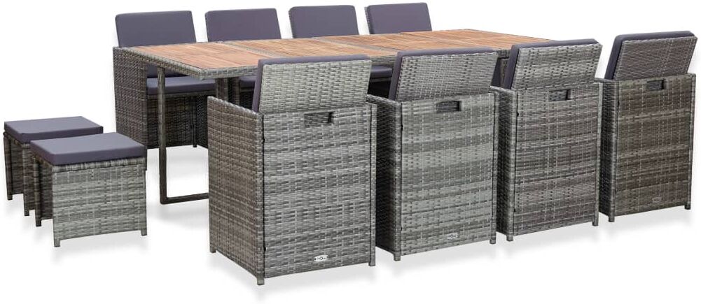 vidaXL Set comedor jardín 13 pzas ratán sintético y madera acacia gris