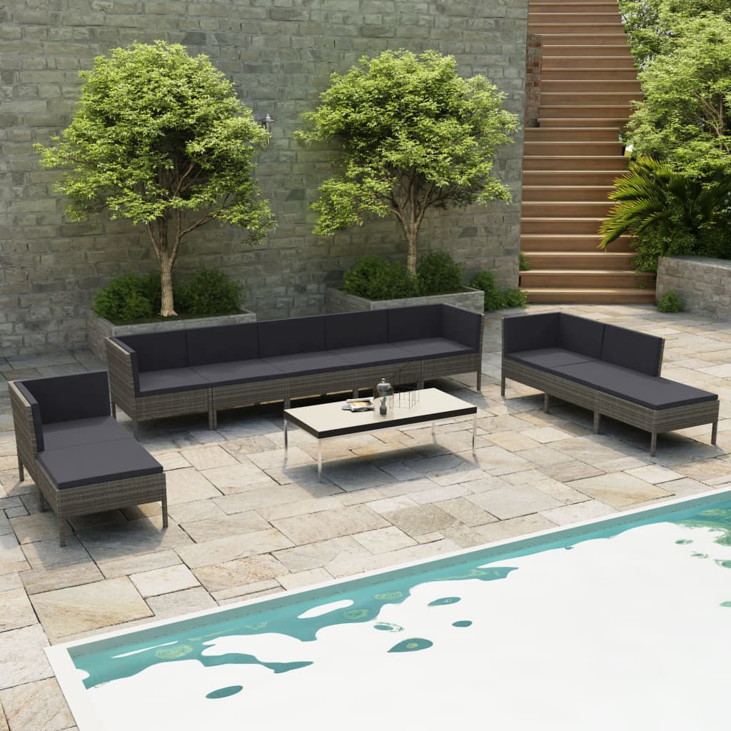 vidaXL Set de muebles de jardín 10 pzas y cojines ratán sintético gris