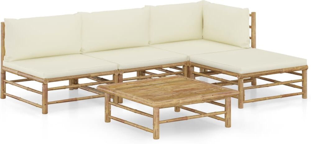 vidaXL Set de muebles de jardín 5 piezas bambú y cojines blanco crema