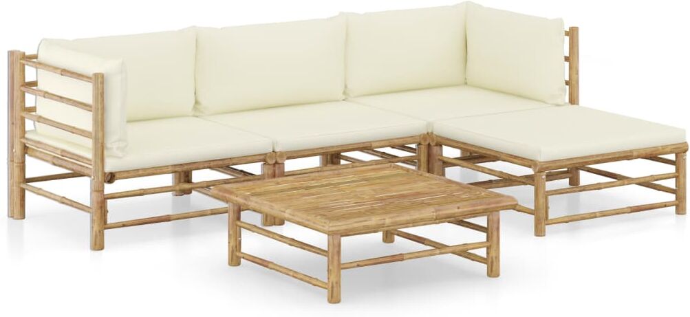 vidaXL Set de muebles de jardín 5 piezas bambú y cojines blanco crema