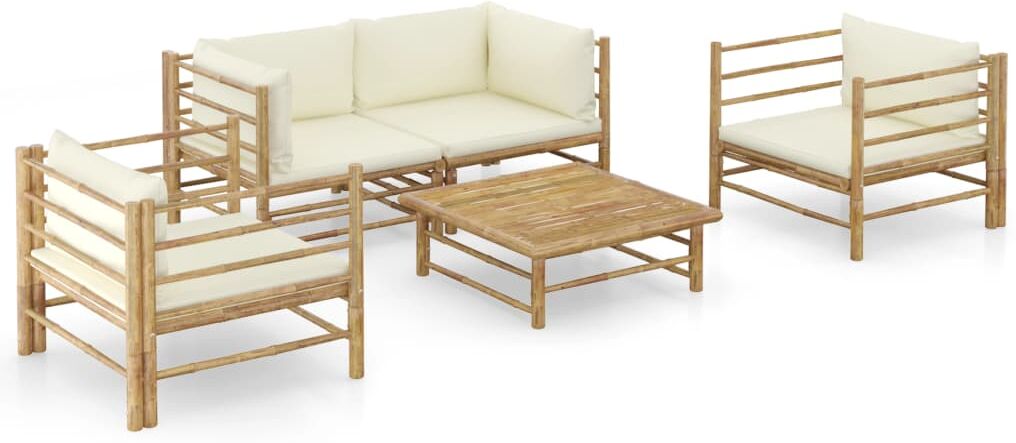 vidaXL Set de muebles de jardín 5 piezas bambú y cojines blanco crema