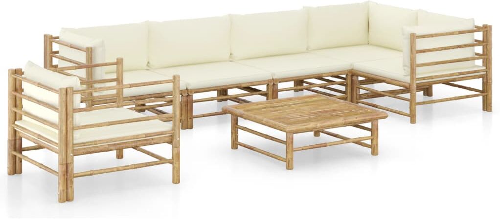 vidaXL Set de muebles de jardín 7 piezas bambú y cojines blanco crema