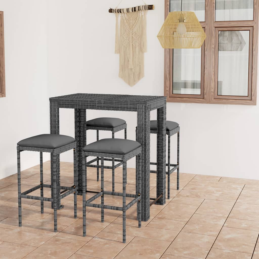 vidaXL Set muebles bar jardín 5 piezas y cojines ratán sintético gris