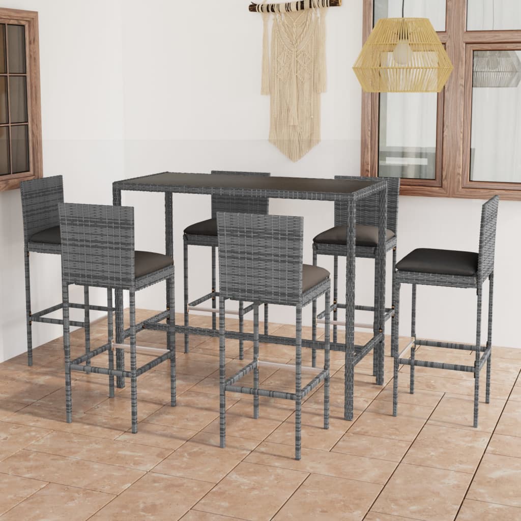 vidaXL Set muebles bar jardín 7 piezas y cojines ratán sintético gris