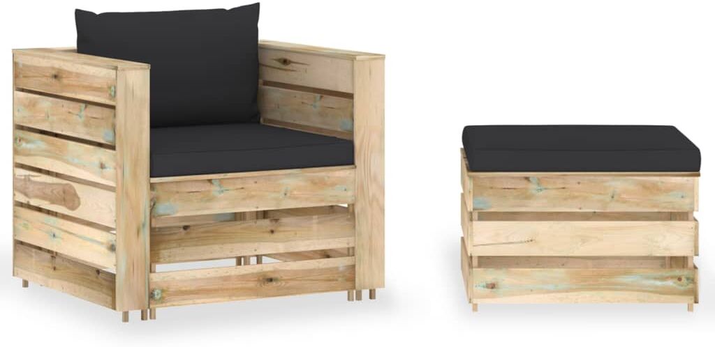 vidaXL Muebles de jardín 2 piezas con cojines madera impregnada verde