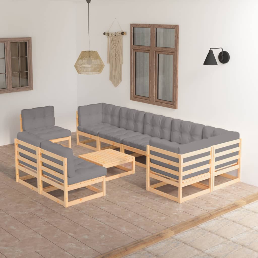 vidaXL Juego de muebles de jardín 10 pzas y cojines madera maciza pino