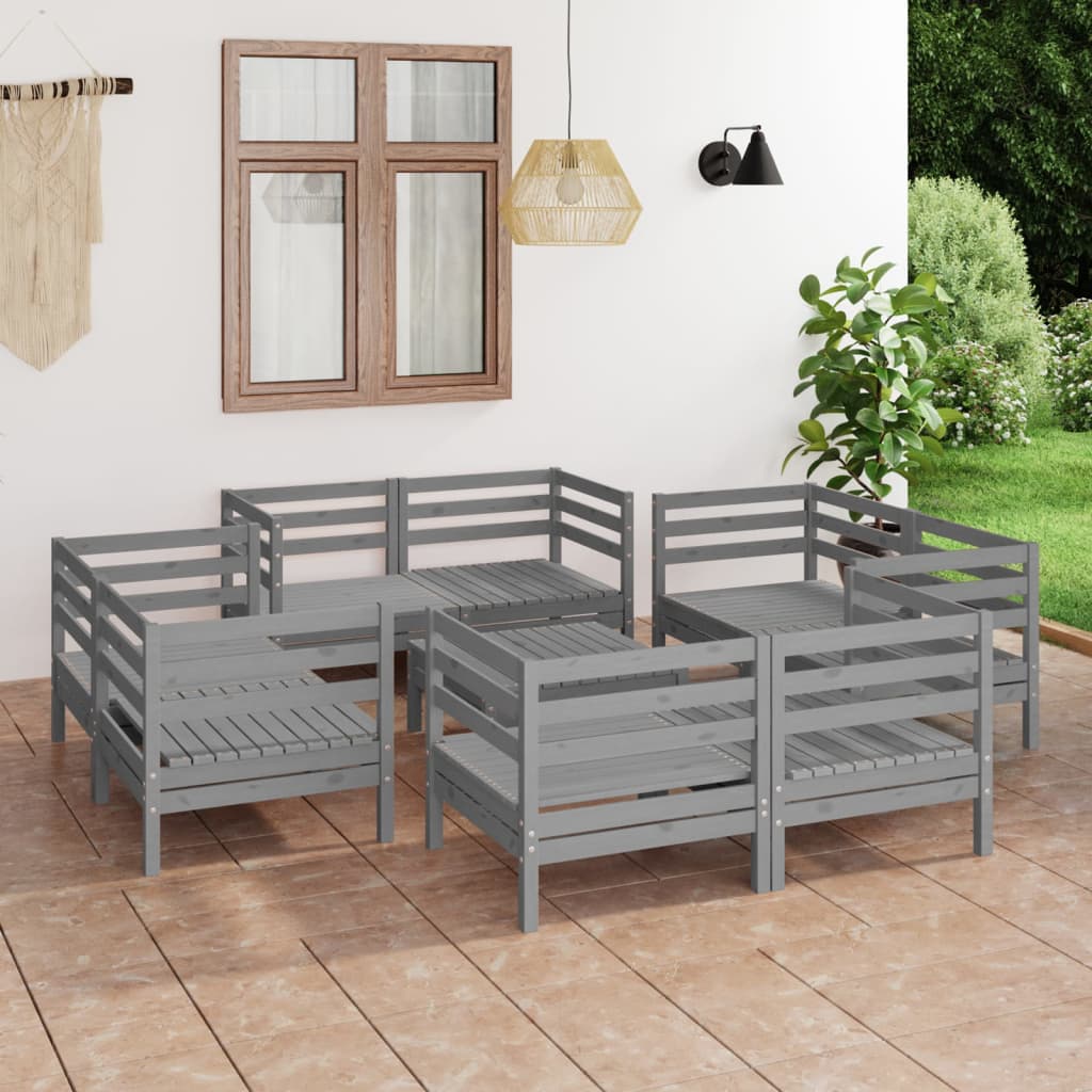 vidaXL Juego de muebles de jardín 9 piezas madera maciza de pino gris