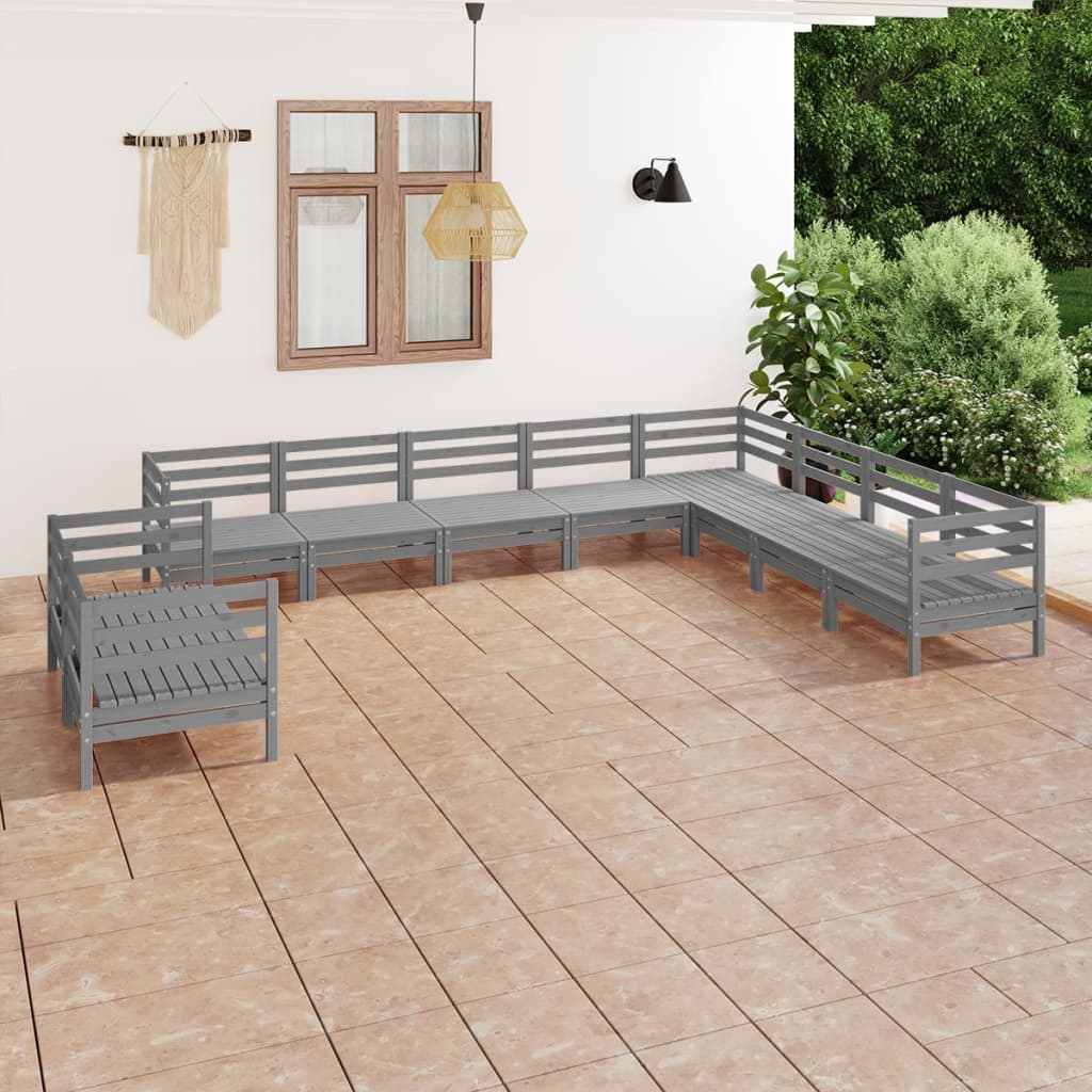 vidaXL Juego de muebles de jardín 10 piezas madera maciza de pino gris