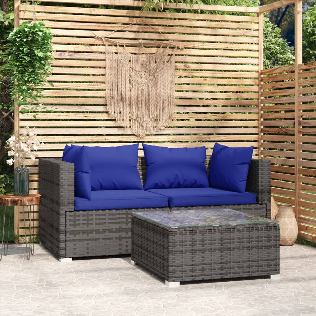 vidaXL Set de muebles de jardín 3 pzas y cojines ratán sintético gris