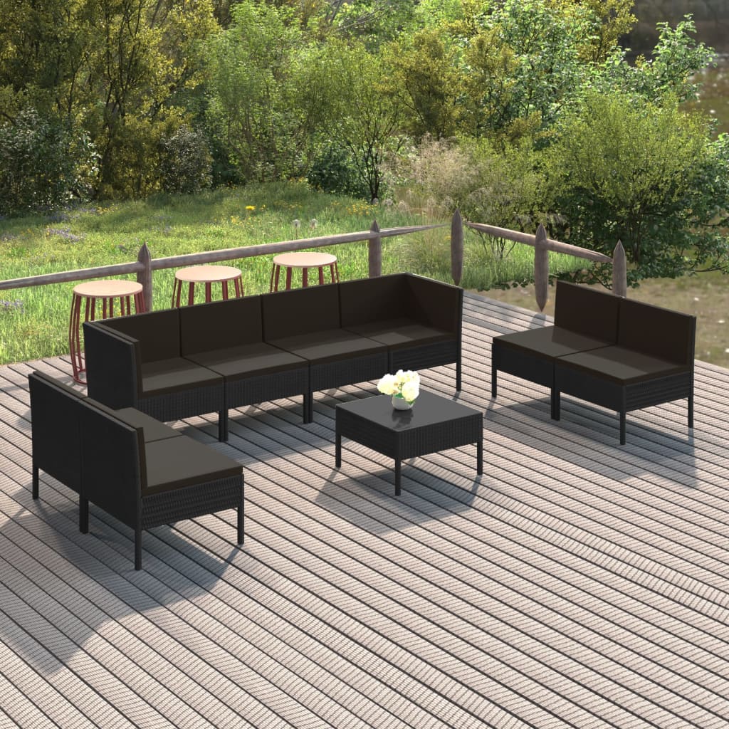 vidaXL Set muebles de jardín 9 pzas y cojines ratán sintético negro