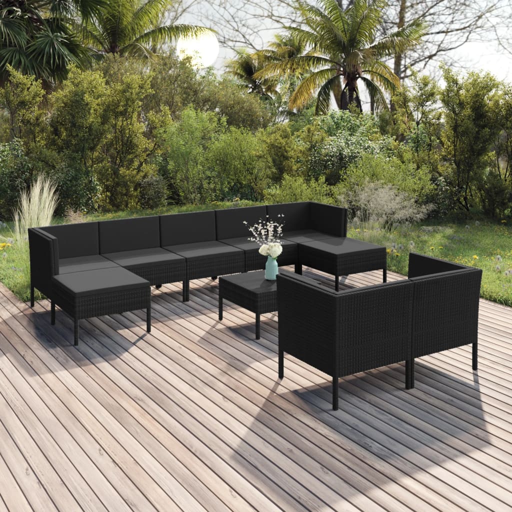 vidaXL Set muebles de jardín 10 pzas y cojines ratán sintético negro