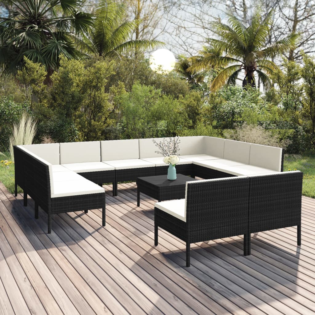 vidaXL Set muebles de jardín 12 pzas y cojines ratán sintético negro