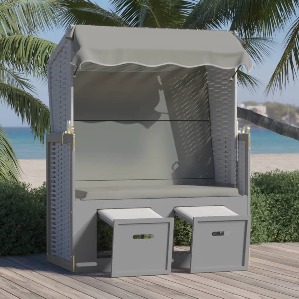 vidaXL Silla playa Strandkorb con dosel ratán sintético madera gris