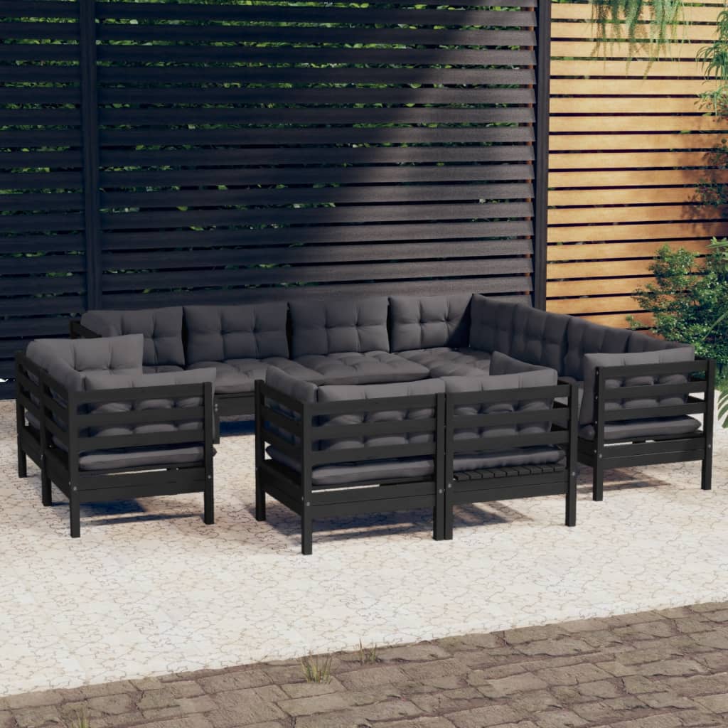 vidaXL Muebles de jardín 11 pzas y cojines negro madera maciza de pino