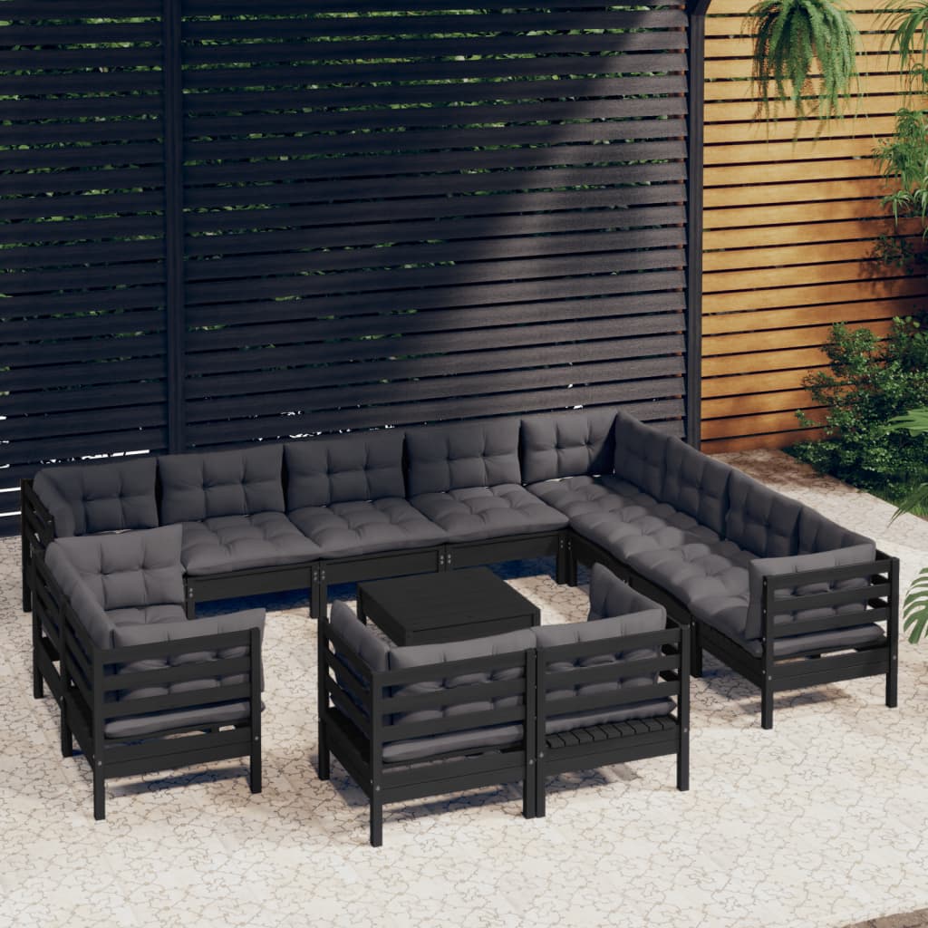 vidaXL Muebles de jardín 13 pzas con cojines negro madera maciza pino