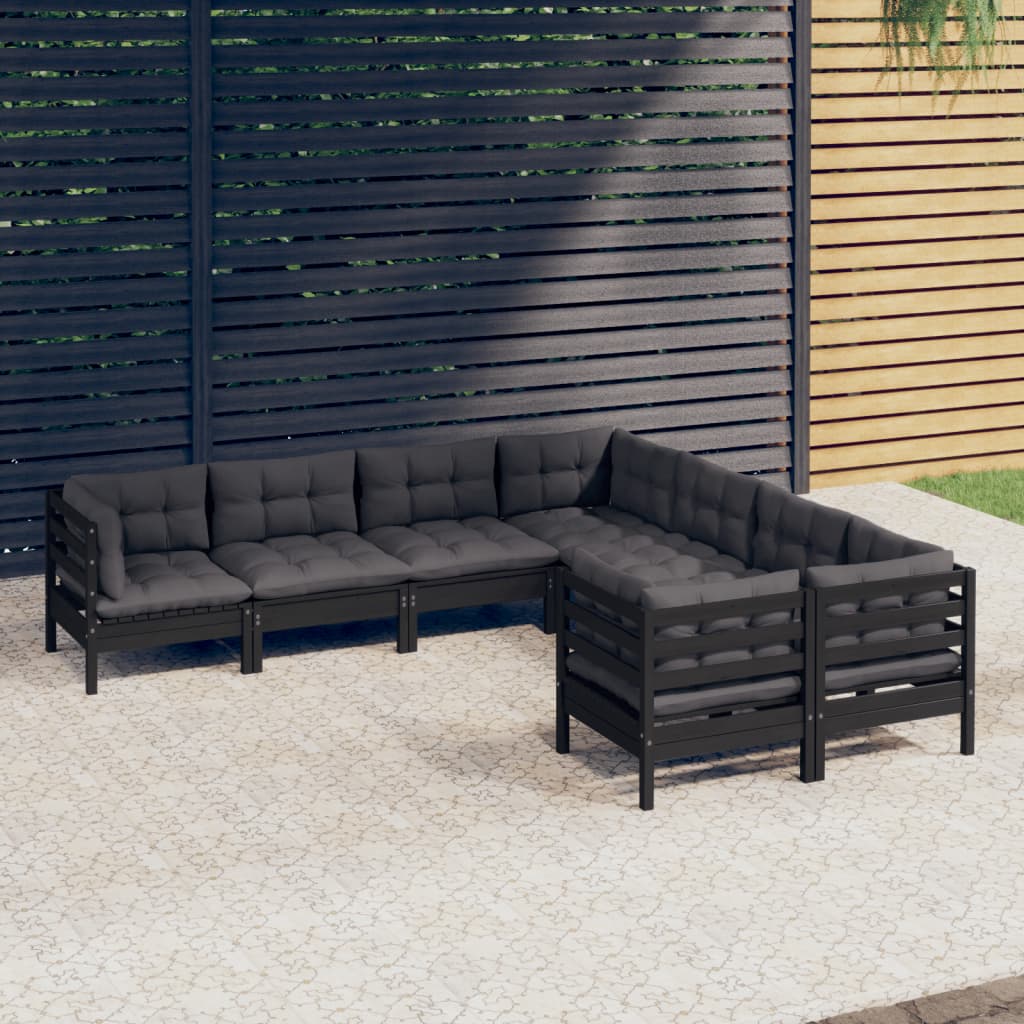 vidaXL Muebles de jardín 8 pzas y cojines negro madera maciza de pino