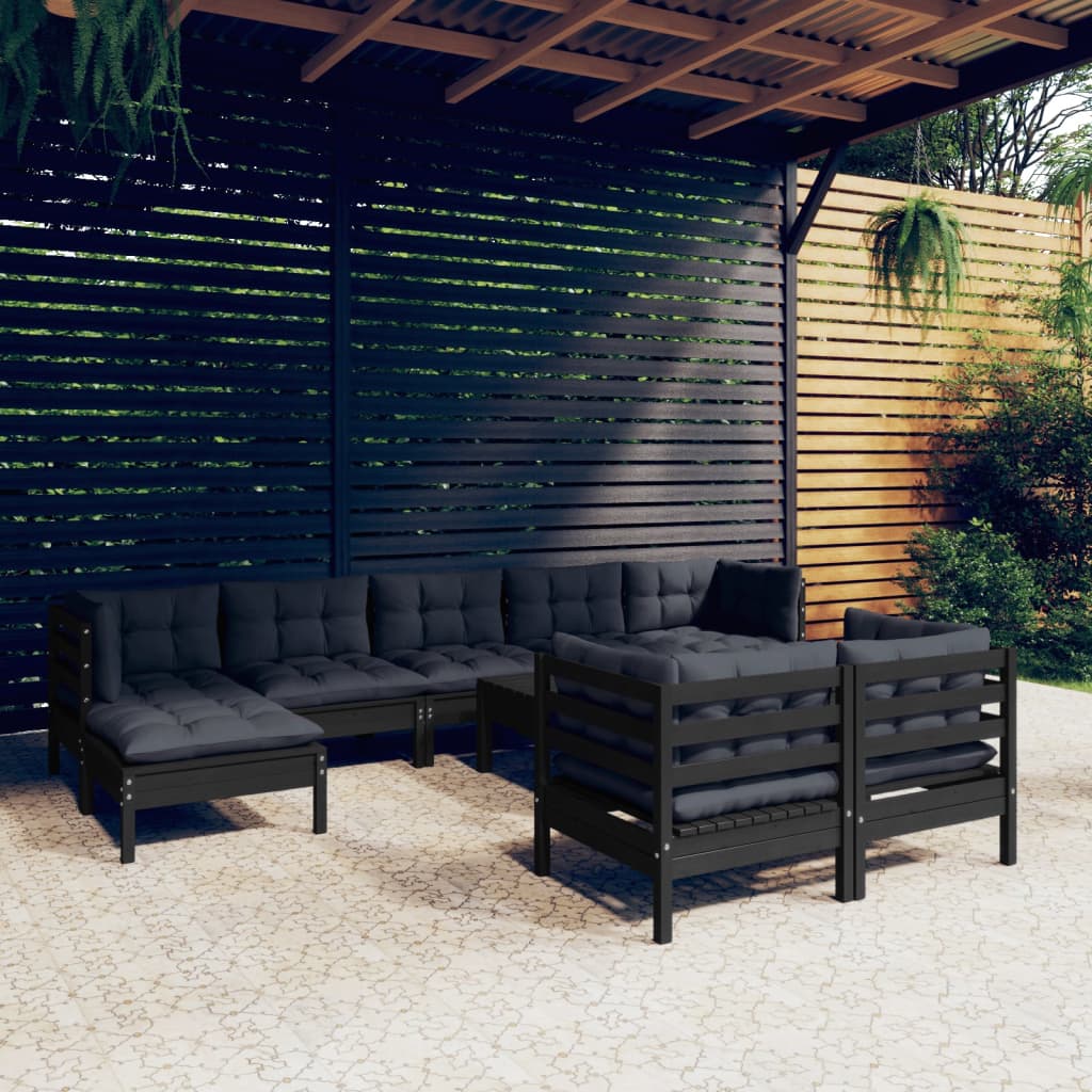 vidaXL Muebles de jardín 10 pzas con cojines negro madera maciza pino