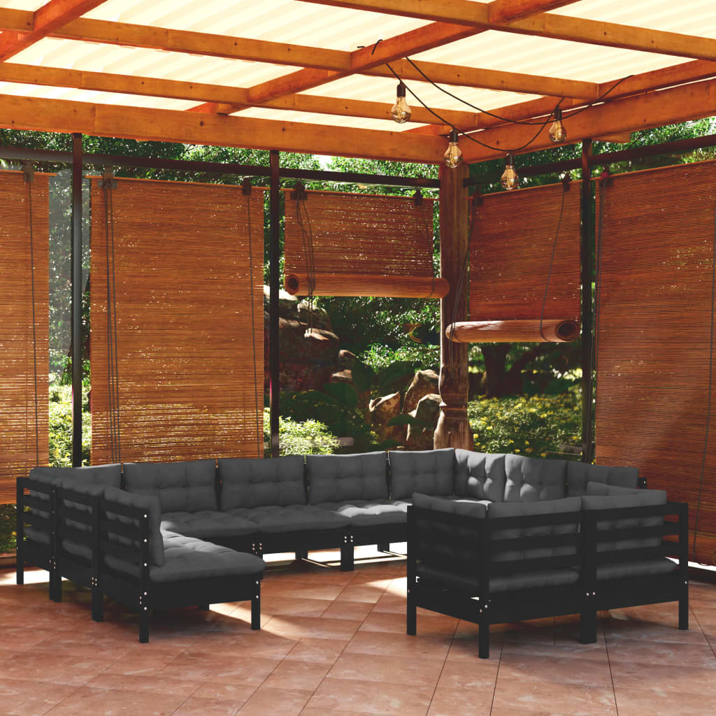 vidaXL Muebles de jardín 11 pzas y cojines negro madera maciza de pino