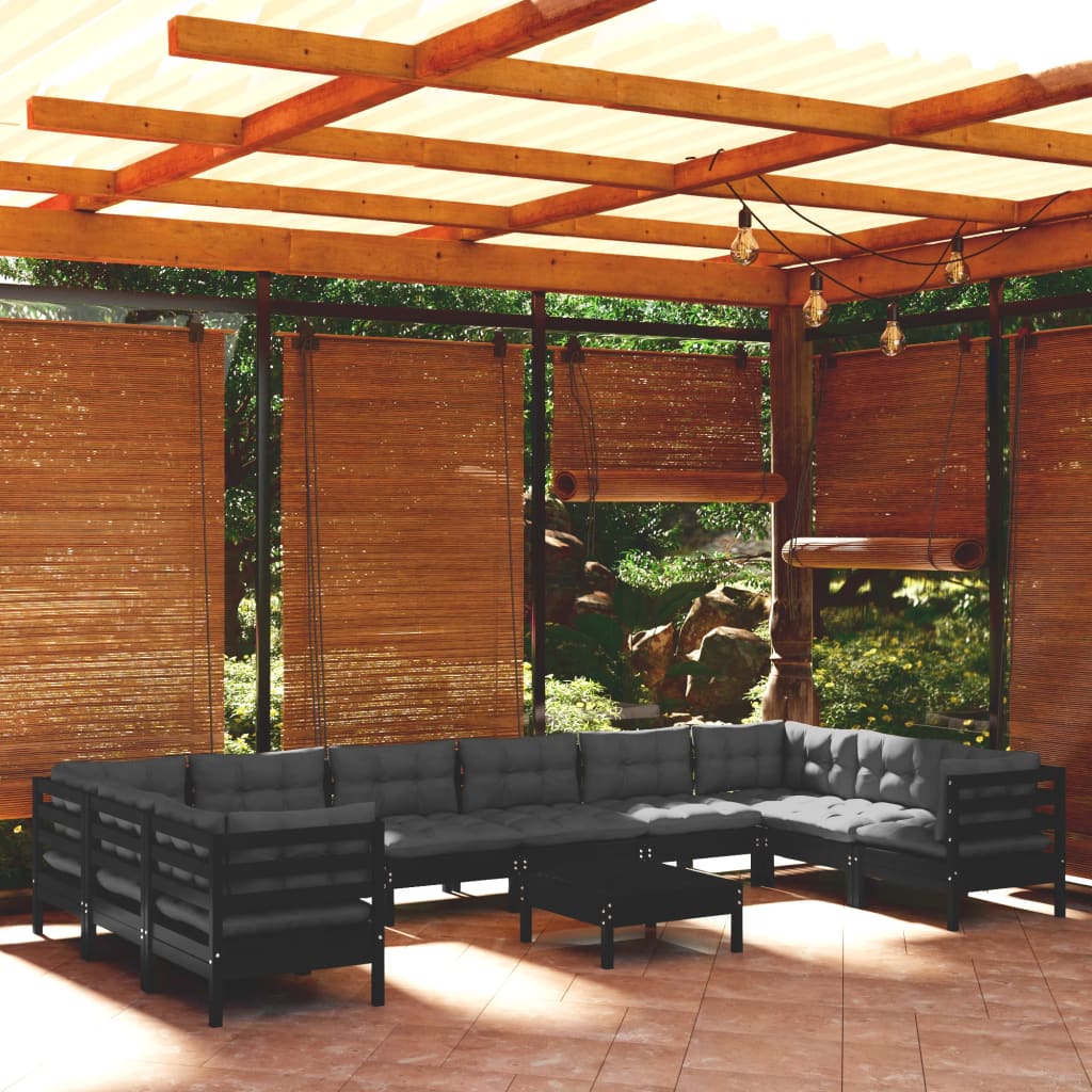 vidaXL Muebles de jardín 11 pzas con cojines negro madera de pino