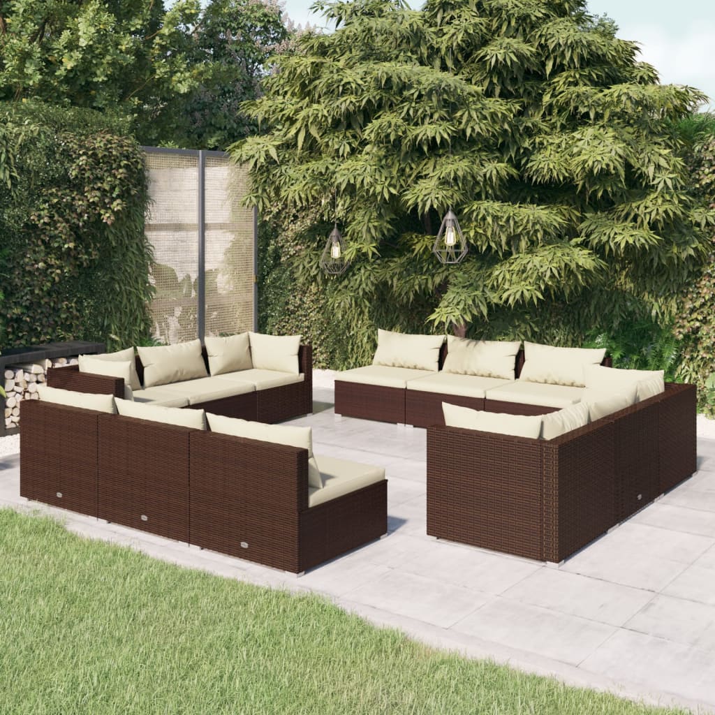 vidaXL Set muebles de jardín y cojines 12 pzas ratán sintético marrón