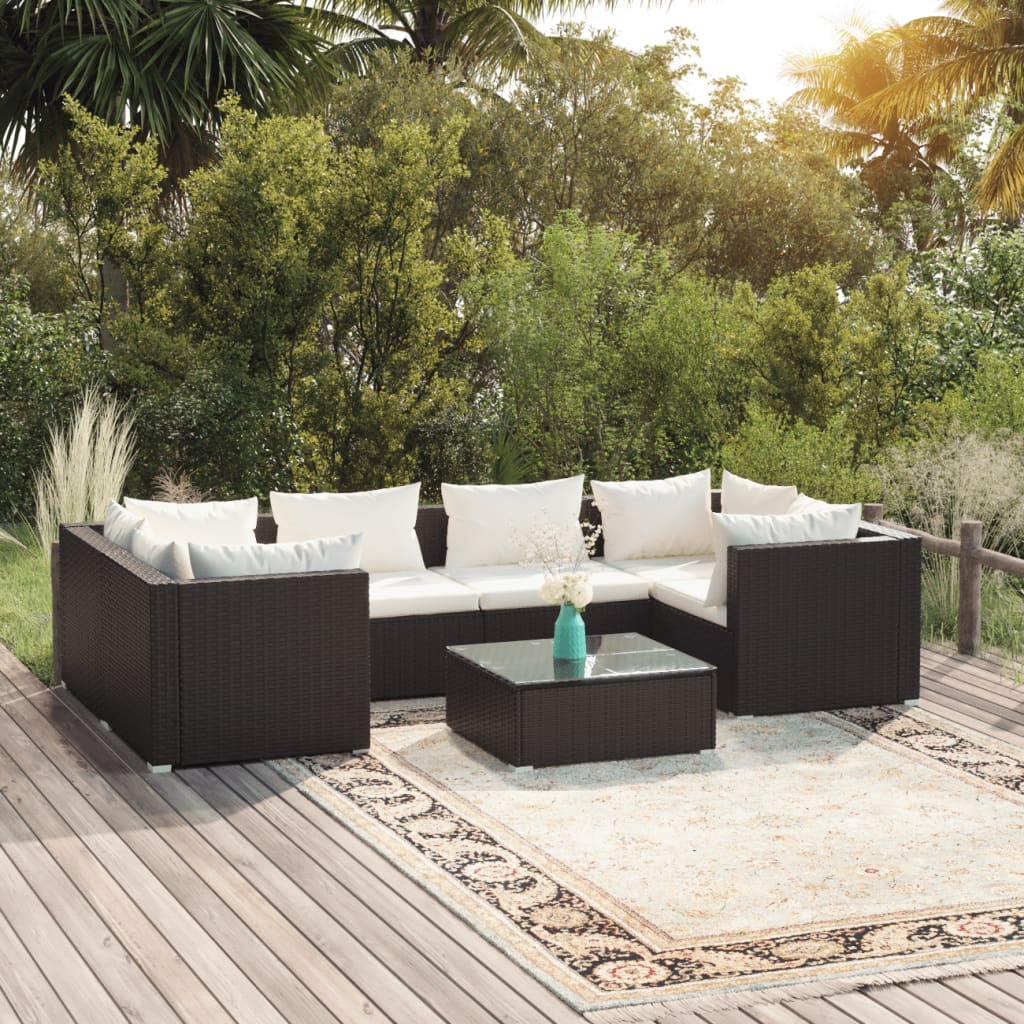 vidaXL Set de muebles de jardín y cojines 7 pzas ratán sintético negro