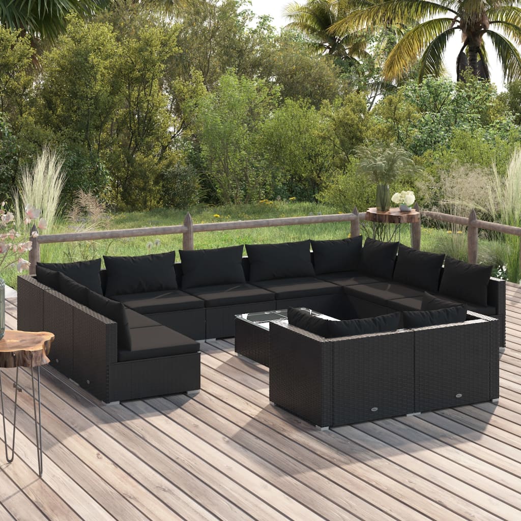 vidaXL Set de muebles de jardín 12 pzas cojines ratán sintético negro